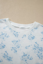 Sky Blue Floral Print Striped Detail Long Sleeve Top Ruffle Hem Shorts 2pcs Set