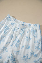 Sky Blue Floral Print Striped Detail Long Sleeve Top Ruffle Hem Shorts 2pcs Set