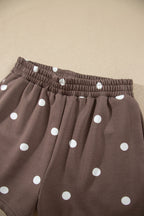 Brown Polka Dot Ribbed Trim Long Sleeve Top Casual Short Set