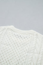 Beige Solid Color Cable Detail Knit Loose Round Neck Sweater