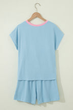 Sachet Pink Soft Ribbed Color Block Trim Casual Short Set