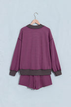 Pink Stripe Ribbed Patchwork Mock Neck Baggy Pullover Matching Shorts Set