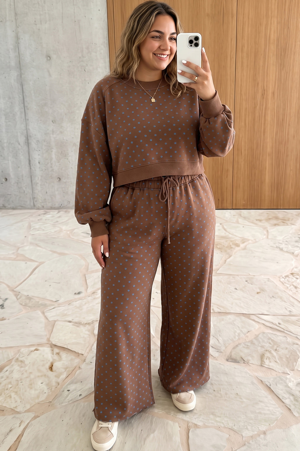Brown Polka Dot Round Neck Long Sleeve Plus Size Set
