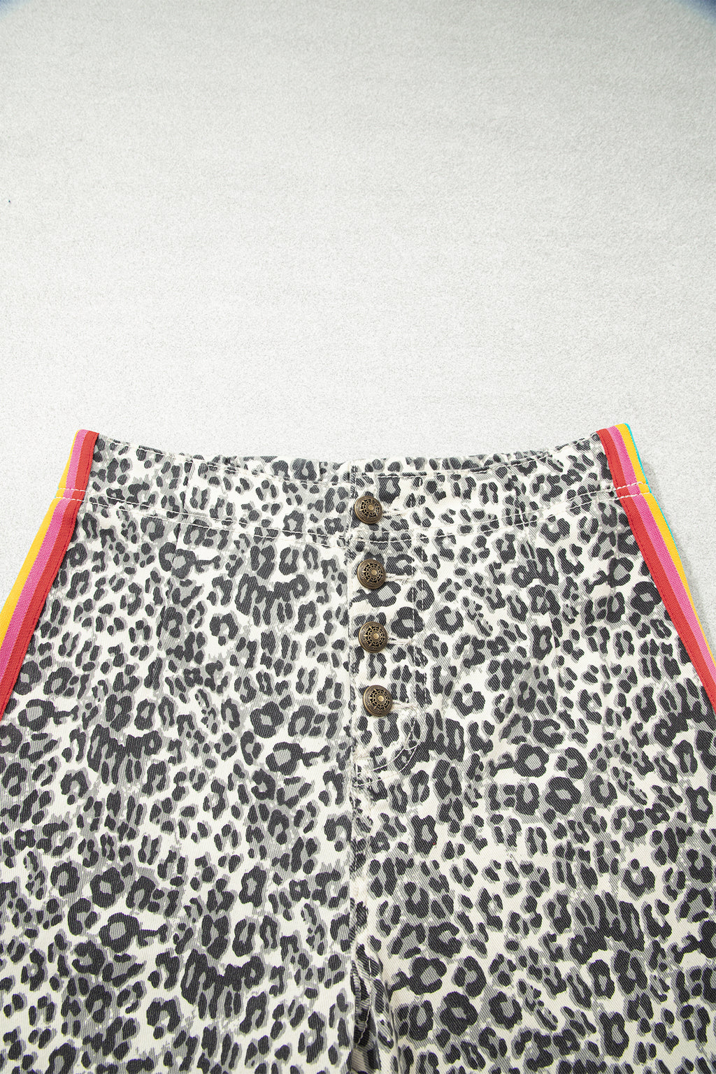 Brown Leopard Print Rainbow Striped Detail Buttoned Loose Jogger Jeans