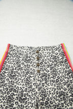 Brown Leopard Print Rainbow Striped Detail Buttoned Loose Jogger Jeans