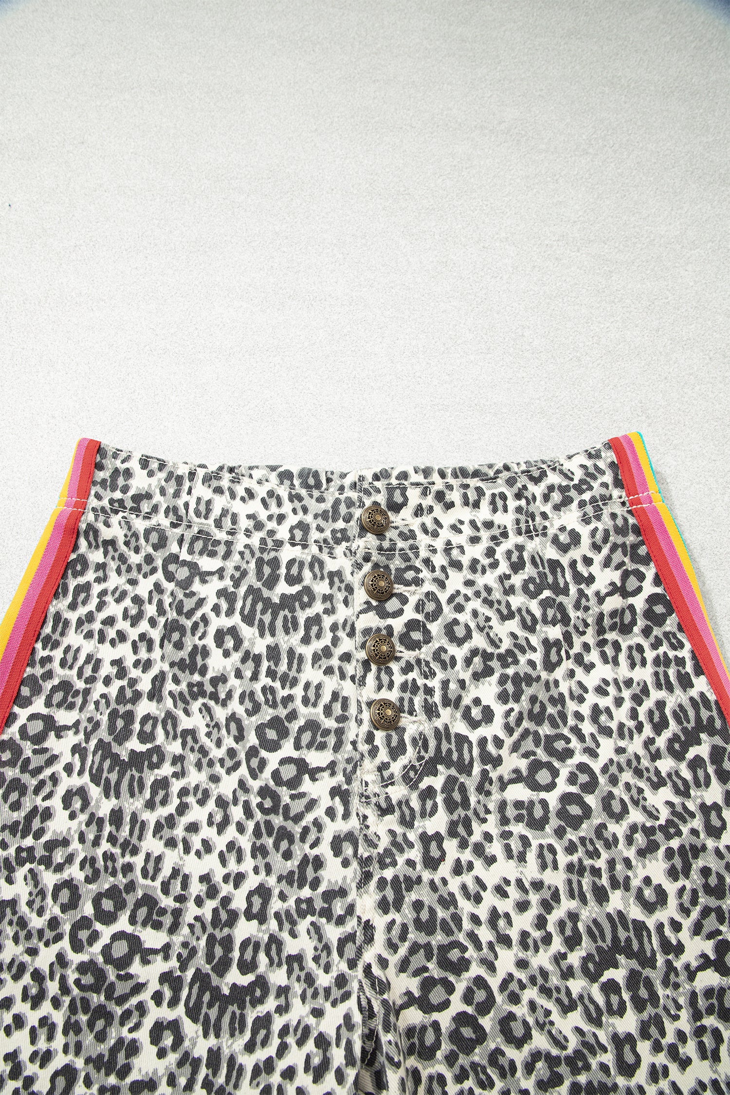 Brown Leopard Print Rainbow Striped Detail Buttoned Loose Jogger Jeans