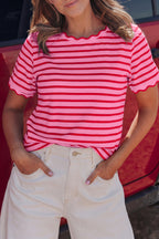 Pink Stripe Scalloped Trim Round Neck T Shirt