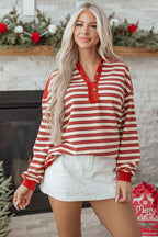 Pink Stripe Buttoned V Neck Collared Drop Shoulder Top