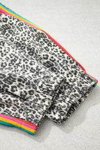 Brown Leopard Print Rainbow Striped Detail Buttoned Loose Jogger Jeans