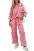 Apricot Leopard Print Varsity Striped Detail 3/4 Sleeve Top Shift Pant Set