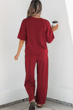 Rose Red Drop Shoulder Boxy Tee and Barrel Pants Set
