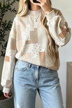 Khaki Patchwork Floral Print Mock Neck Long Sleeve Sweatshirt