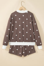 Brown Polka Dot Ribbed Trim Long Sleeve Top Casual Short Set