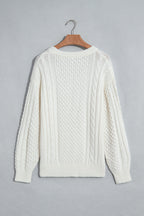 Beige Solid Color Cable Detail Knit Loose Round Neck Sweater