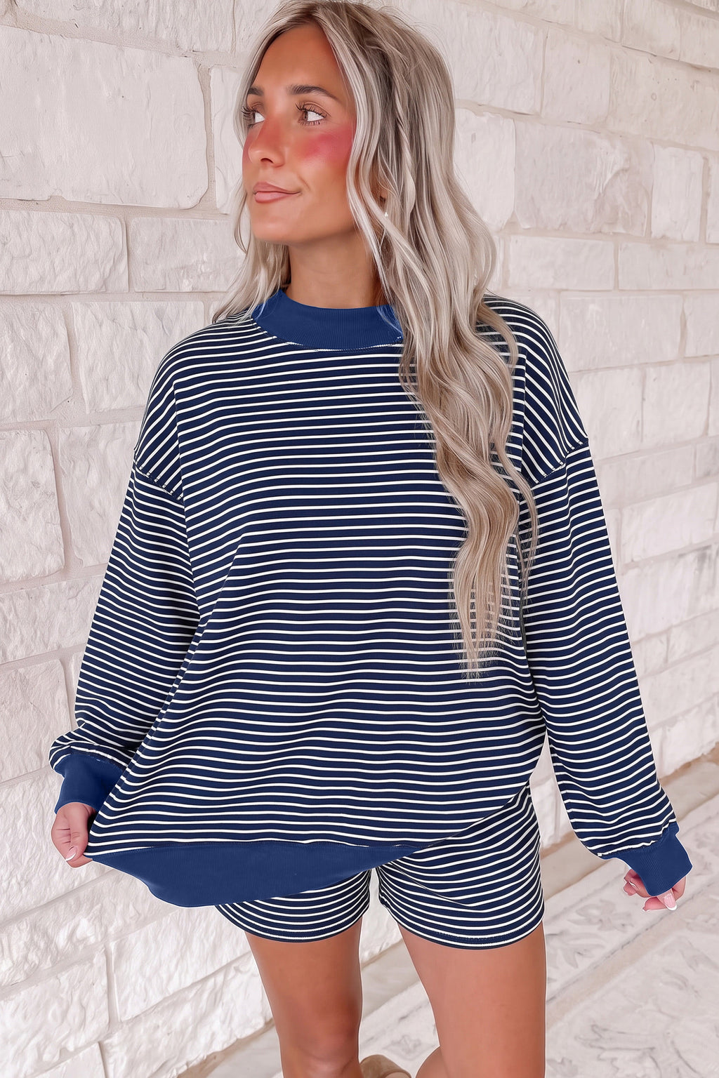 Pink Stripe Ribbed Patchwork Mock Neck Baggy Pullover Matching Shorts Set