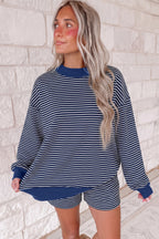 Pink Stripe Ribbed Patchwork Mock Neck Baggy Pullover Matching Shorts Set