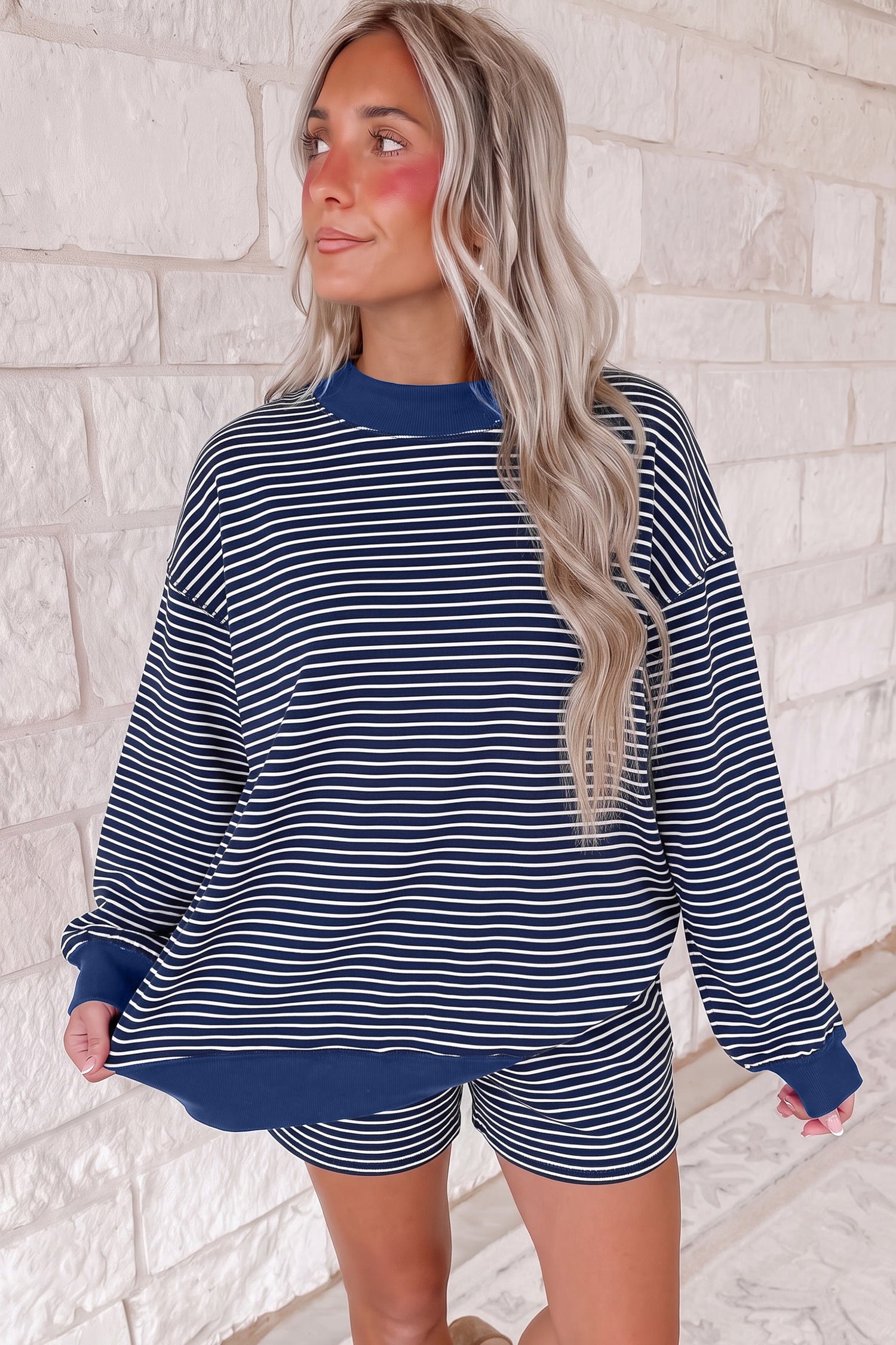 Pink Stripe Ribbed Patchwork Mock Neck Baggy Pullover Matching Shorts Set