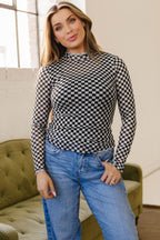 Black Plaid Stand Neck Long Sleeve Mesh Top