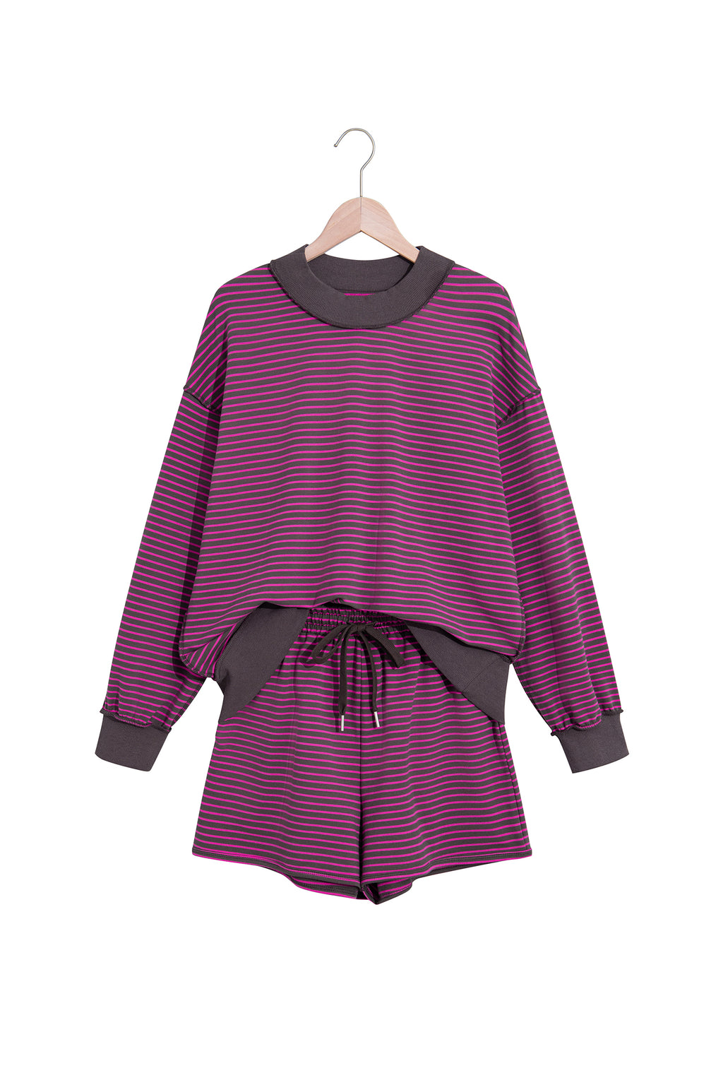 Pink Stripe Ribbed Patchwork Mock Neck Baggy Pullover Matching Shorts Set