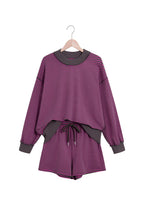 Pink Stripe Ribbed Patchwork Mock Neck Baggy Pullover Matching Shorts Set
