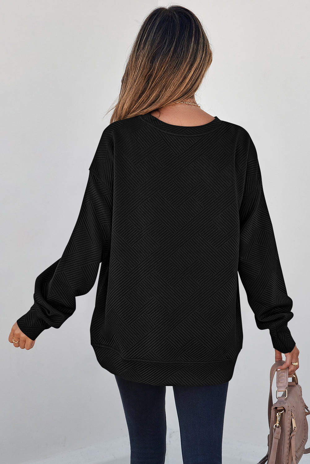 Jungle Green Solid Color Textured Round Neck Drop Shoulder Pullover Sweatshirt