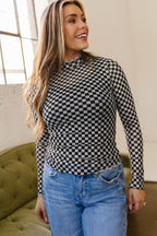 Black Plaid Stand Neck Long Sleeve Mesh Top