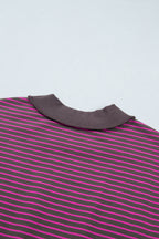 Pink Stripe Ribbed Patchwork Mock Neck Baggy Pullover Matching Shorts Set