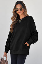 Jungle Green Solid Color Textured Round Neck Drop Shoulder Pullover Sweatshirt
