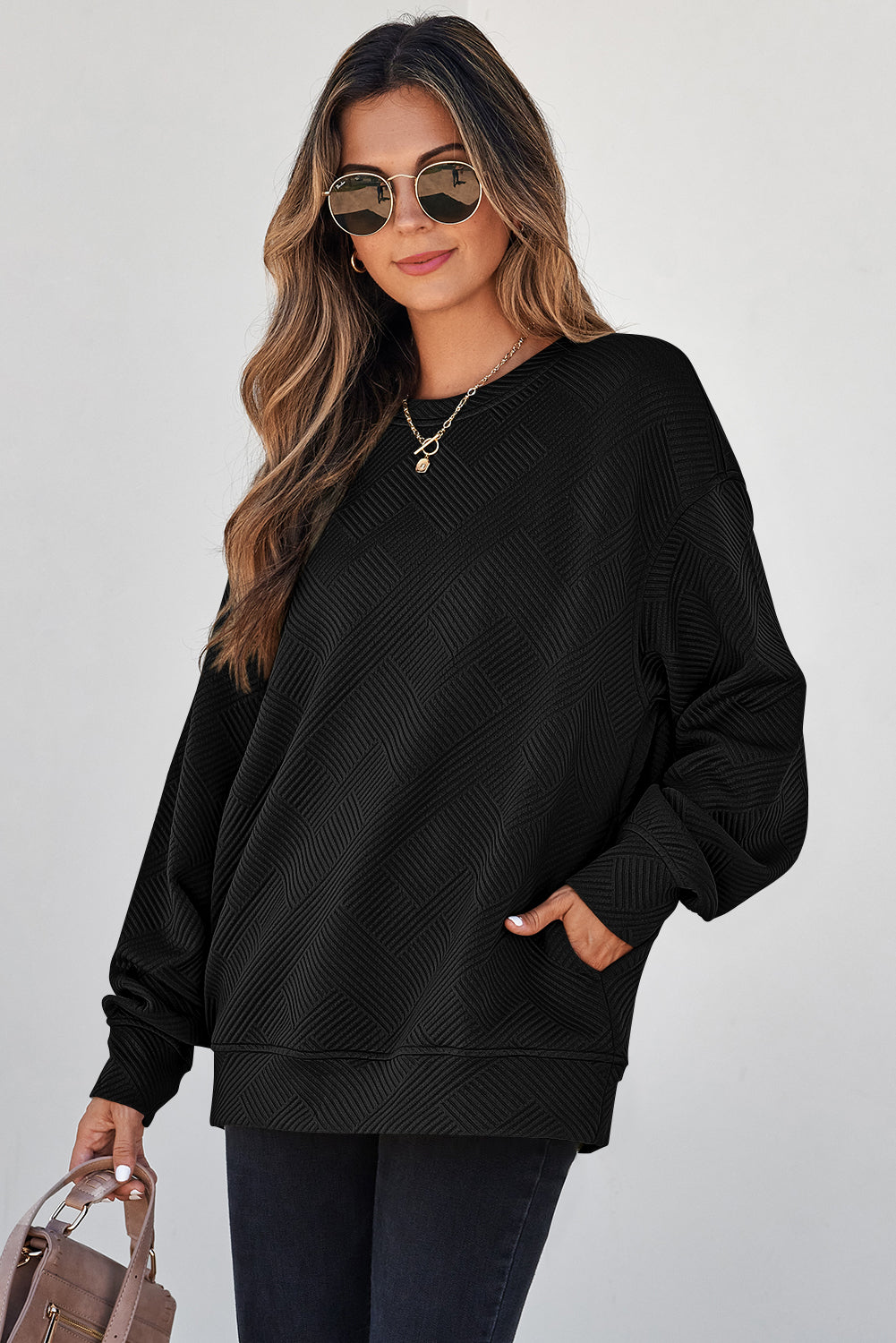 Jungle Green Solid Color Textured Round Neck Drop Shoulder Pullover Sweatshirt