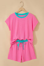 Sachet Pink Soft Ribbed Color Block Trim Casual Short Set