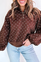 Brown Polka Dot Print Metal Button Collar Casual Pullover Sweatshirt