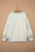 Light Blue Plaid Patchwork Round Neck Long Sleeve Top