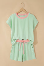 Sachet Pink Soft Ribbed Color Block Trim Casual Short Set