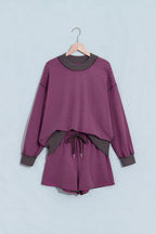 Pink Stripe Ribbed Patchwork Mock Neck Baggy Pullover Matching Shorts Set