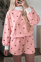 Brown Polka Dot Ribbed Trim Long Sleeve Top Casual Short Set