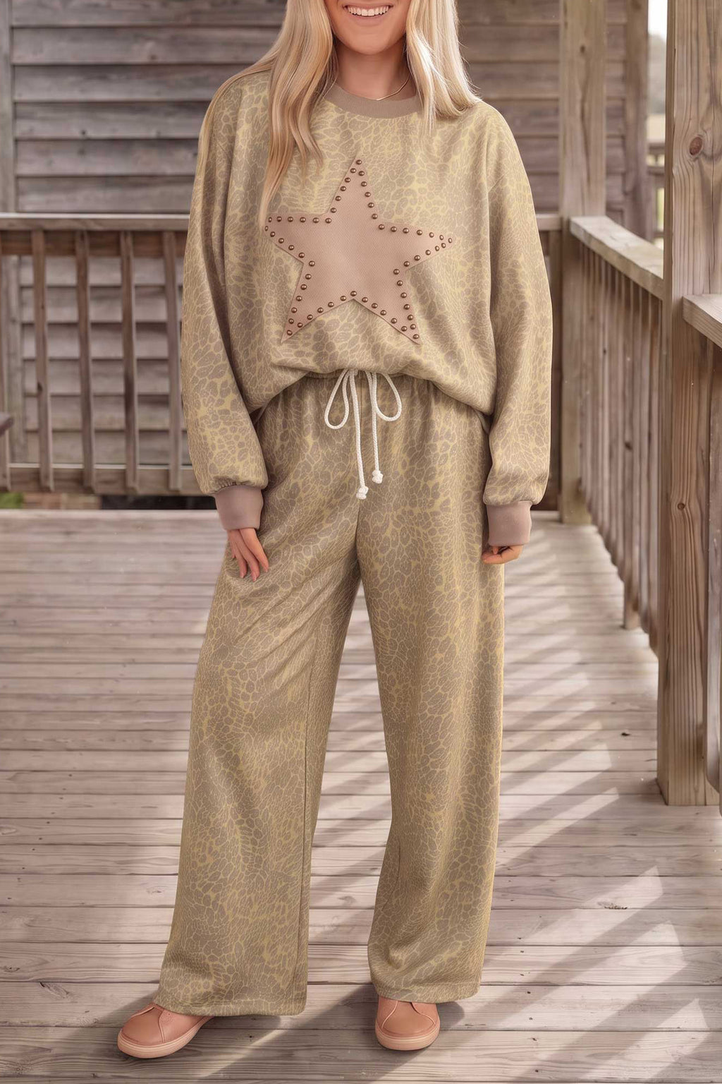 Khaki Leopard Star Print Long Sleeve Loose Casual Two Piece Pants Set