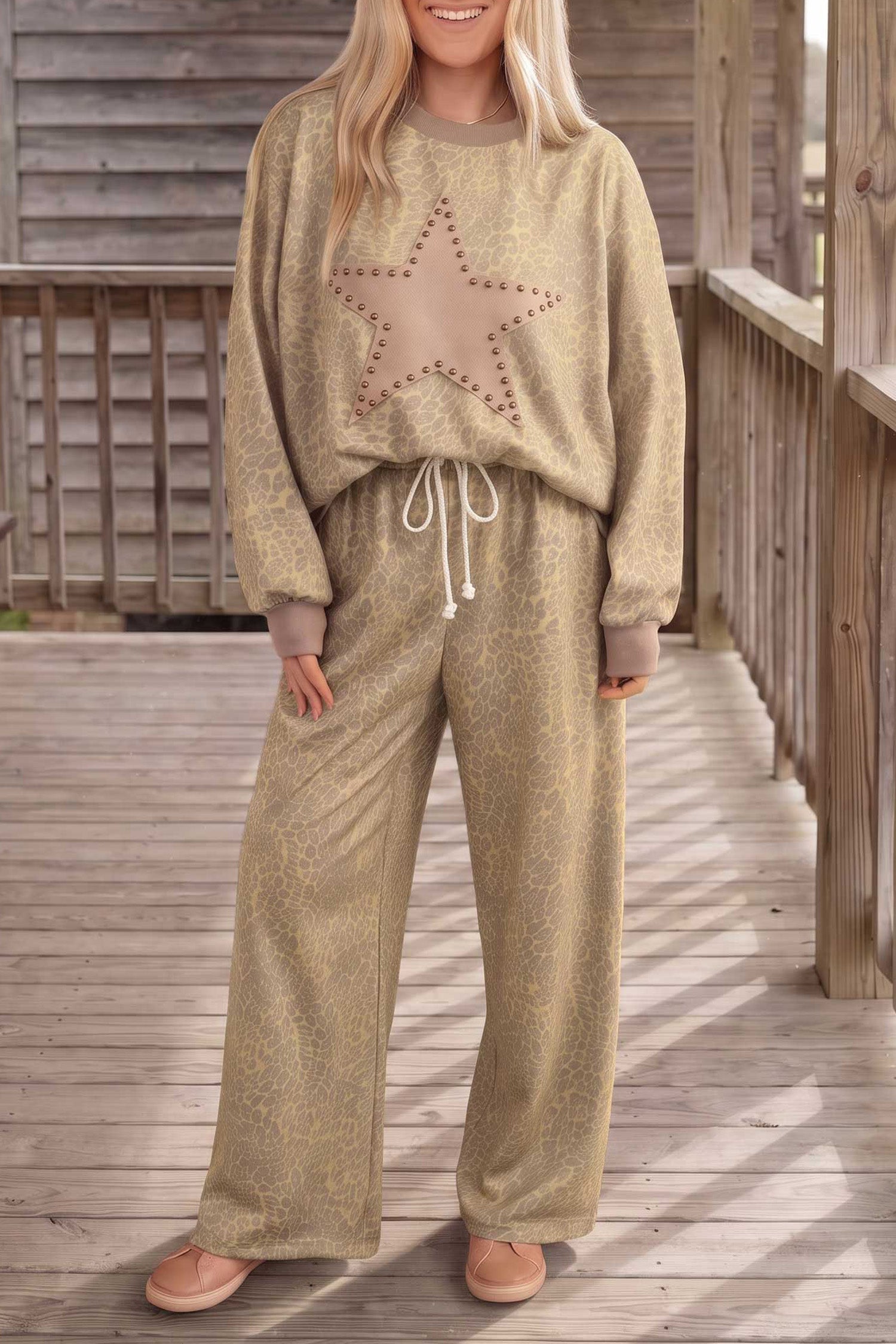 Khaki Leopard Star Print Long Sleeve Loose Casual Two Piece Pants Set