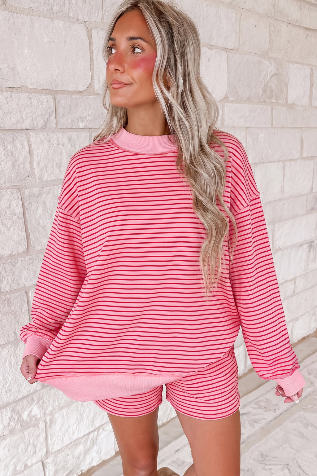 Pink Stripe Ribbed Patchwork Mock Neck Baggy Pullover Matching Shorts Set
