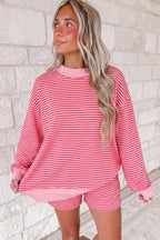 Pink Stripe Ribbed Patchwork Mock Neck Baggy Pullover Matching Shorts Set