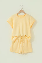 Yellow  Eyelet Lace Patchwork Sleeve Short 2pcs Outfit