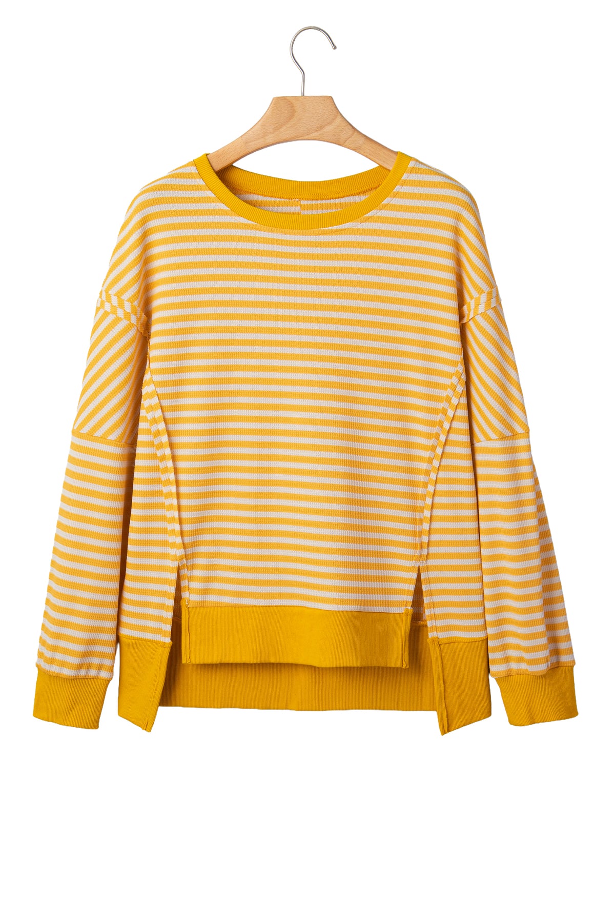 Khaki Stripe Textured Knit Color Block Trim Split Hem Long Sleeve Top