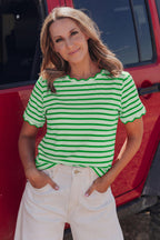Pink Stripe Scalloped Trim Round Neck T Shirt