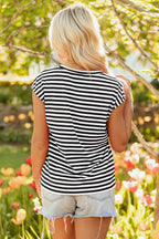 Red Stripe Ribbed Cap Sleeve Round Neck T Shirt