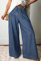Sky Blue Polka Dot Print Button Pleated Detail Wide Leg Jeans
