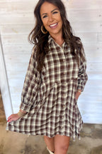 Brown Plaid Long Sleeve Short Shift Mini Dress