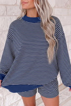 Pink Stripe Ribbed Patchwork Mock Neck Baggy Pullover Matching Shorts Set
