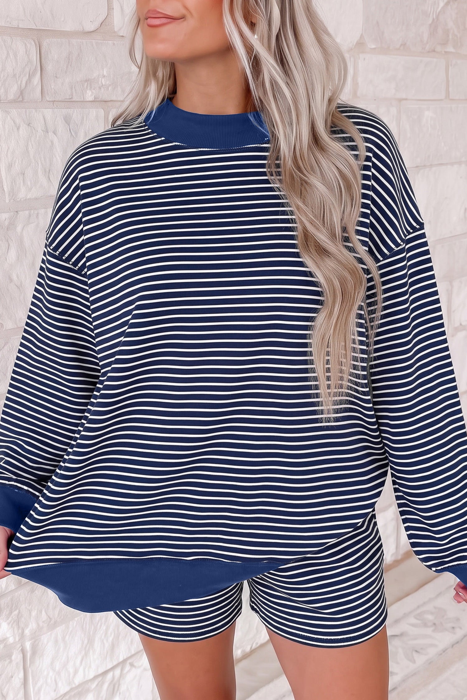 Pink Stripe Ribbed Patchwork Mock Neck Baggy Pullover Matching Shorts Set