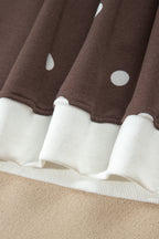 Brown Polka Dot Ribbed Trim Long Sleeve Top Casual Short Set