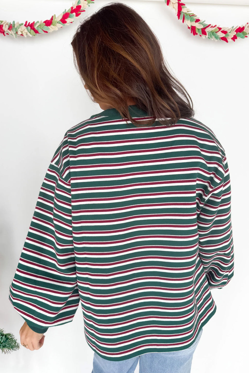 Green Stripe Striped Colorblock Round Neck Long Sleeve Shift Plus Size Sweatshirt