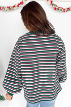Green Stripe Striped Colorblock Round Neck Long Sleeve Shift Plus Size Sweatshirt